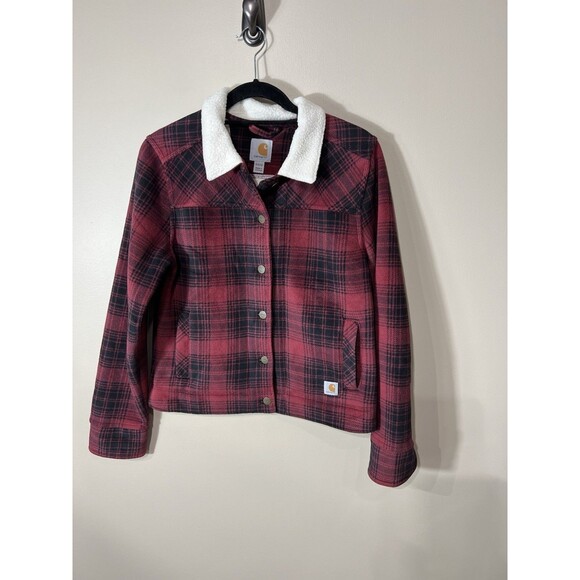 Carhartt Cedar Jacket Sherpa Fleece Lined Red Black Plaid Women Small 4/6 - Picture 1 of 14